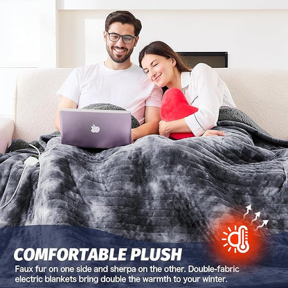 greenoak Heated Electric Blanket Throw, Faux Fur Sherpa Heating Blanket for Sofa Bed, Warm Winter Gift for Dad/Grandma, Heater Lap Blankets 5-Position Timer &10 Heating Levels 72''*84" Marble Grey
