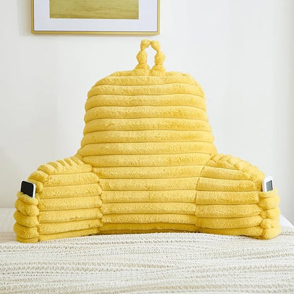 Faux Fur Fluffy Yellow Reading Pillow with Pockets, Luxury Striped Plush Decorative, Arm Rests and Back Support for Bed Rest, Lounging on Sofa, Extra Large Size for Adult.