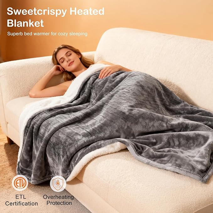 Sweetcrispy Heated Blanket Throw, 50''x60'' Heating Electric Blanket with 4 Heat Levels, Washable Dual-Sided Flannel & Sherpa Fabric Electric Throw Blanket Warmer for Office Home Use