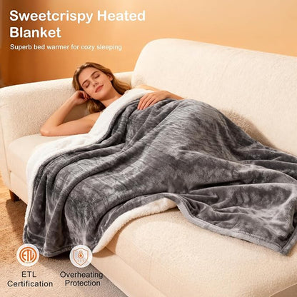 Sweetcrispy Heated Blanket Throw, 50''x60'' Heating Electric Blanket with 4 Heat Levels, Washable Dual-Sided Flannel & Sherpa Fabric Electric Throw Blanket Warmer for Office Home Use