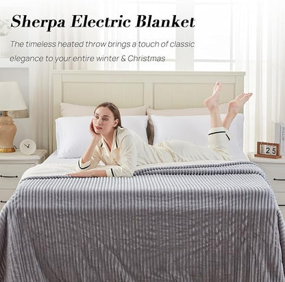 Westinghouse Queen Size Electric Blanket, Flannel to Sherpa Reversible, Heated Blanket Queen with Dual Control 10 Heating Settings & 1-12 Hours Auto Shut Off, Machine Washable, (84" x 90", Light Grey)