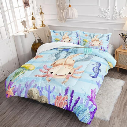 Kawaii Axolotl Ocean Comforter 3Pcs Queen Salamander Hippocampus Marine Animal Jellyfish Fish Bedding Set for Kid Boy Girl Teen Adult Coral Starfish Bed Decor with 1 Comforter and 2 Pillowcases