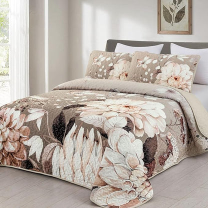 Drucon Floral Quilt King Size - 3 Pieces Brown Quilt Botanical Bedspread Soft Lightweight Flower Bedding Set for All Season (104"x90")