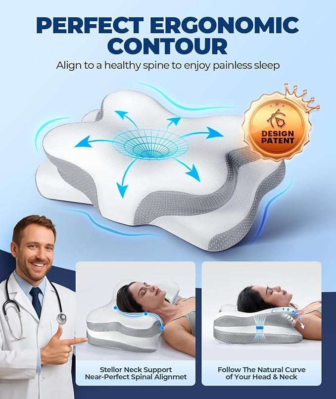Osteo Sustained Cervical Health Neck Pillow, Contour Zoned Design Ergonomic Pillow for Pain Relief, No-Temperature Affected Memory Foam Pillows, Cooling Pillow Support Side, Back, Stomach Sleeper