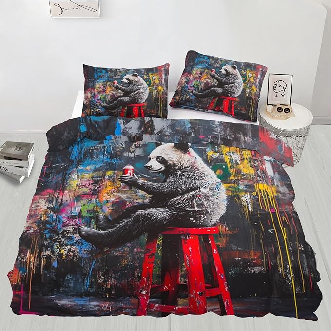 Panda Duvet Cover Full Size, Street Graffiti Panda Bedding Set 3 Piece Bedroom Decor Fun Colorful Comforter Cover and 2 Pillow Sham with Zipper Closure