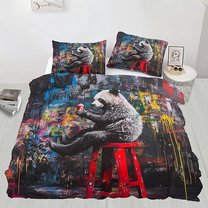 Panda Duvet Cover Twin Street Graffiti Panda Bedding Set 2 Piece for Kids Decor Fun Colorful Comforter Cover and 1 Pillow Sham with Zipper Closure