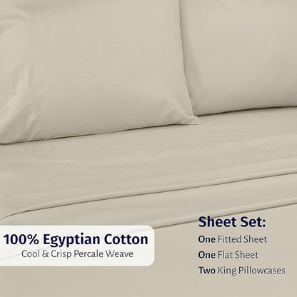 California Design Den Certified 100% Egyptian Cotton Percale Sheets King Size Set - Lightweight, Deep Pocket Bed Sheets Egyptian Cotton Set, Crisp & Durable Luxury Bedding Set - Beige