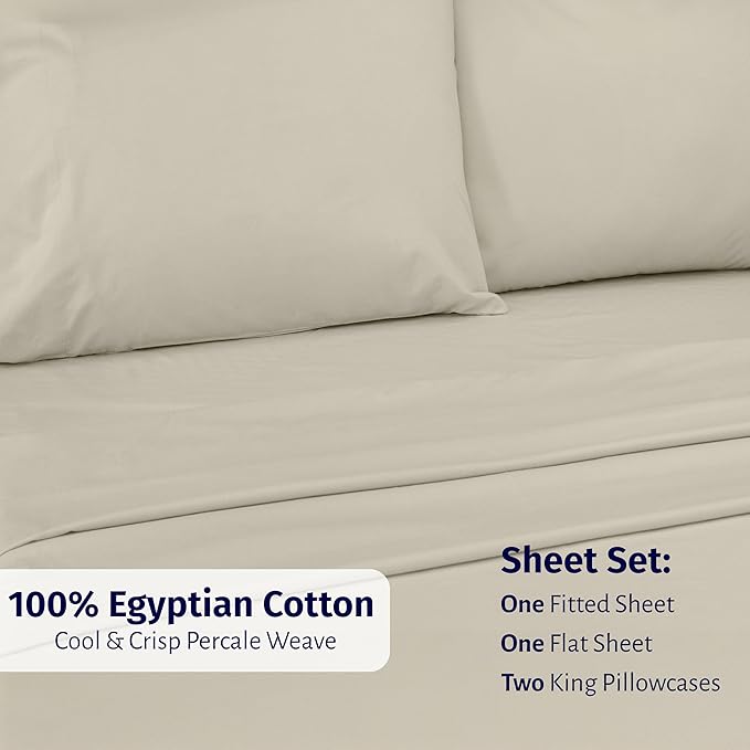 California Design Den Certified 100% Egyptian Cotton Sheets California King Size Set - Lightweight Percale California King Sheet Set with Deep Pockets, Crisp & Durable Luxury Bedding Set - Beige