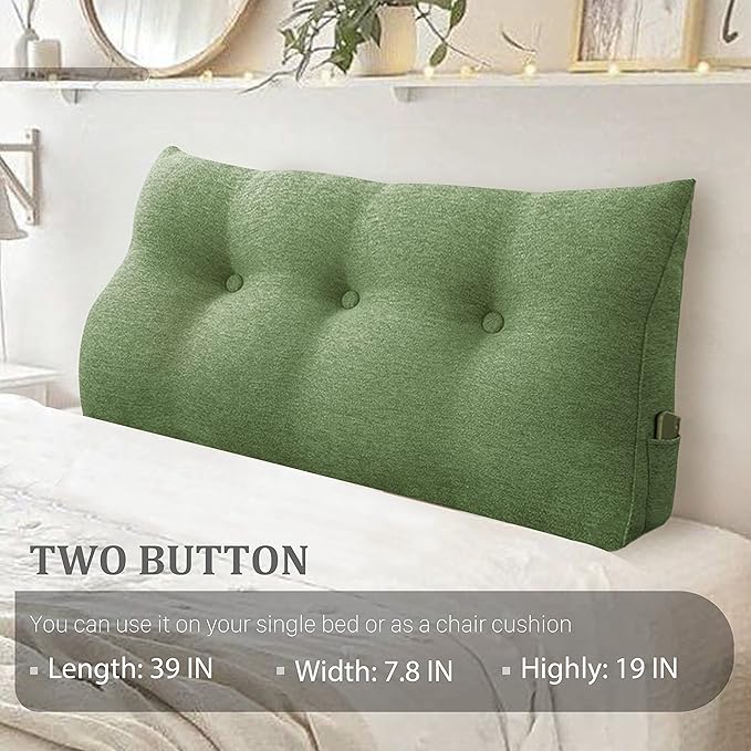 8 lbs Thickened Twin Headboard Pillow Wedge College Dorm Bed Pillow for Backrest Reading Triangular Pillow with Side Pocket for Sitting in Bed, Dorm Bedding Essentials for Girls & Boys Green