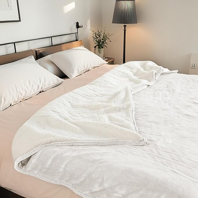 Electric Heated Blanket King Size 90"x100" - Dual-Sided with Microplush & Sherpa Fabric, 4 Heat Settings & 10 Hours Auto Off, Dual Controller, Machine Washable - White
