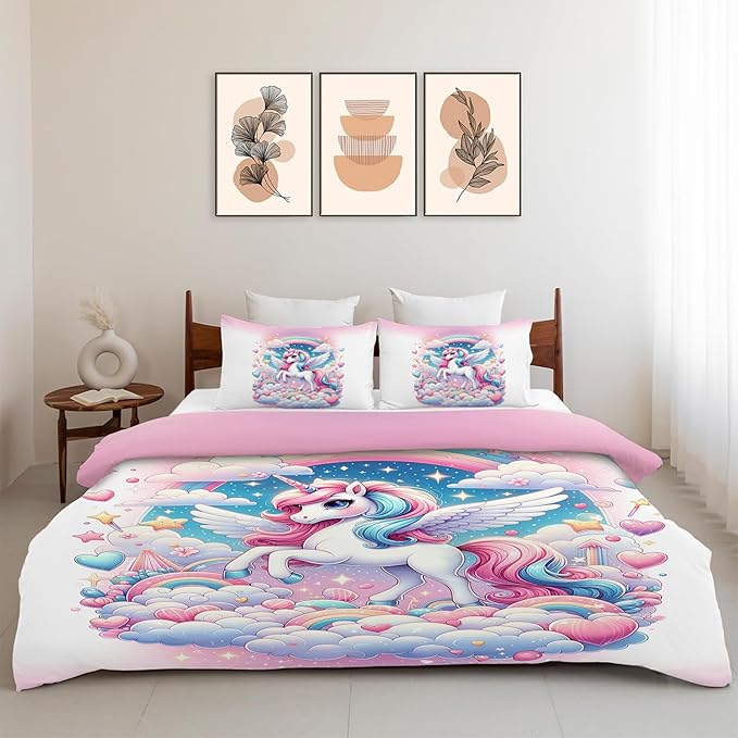 Unicorn Comforter Set Unicorns Decor Twin Bed Duvet Cover Set for Girls Boys Women Adults Teens Dreamy Unicorn Bedding Comforters 3 Piece Bedding Set