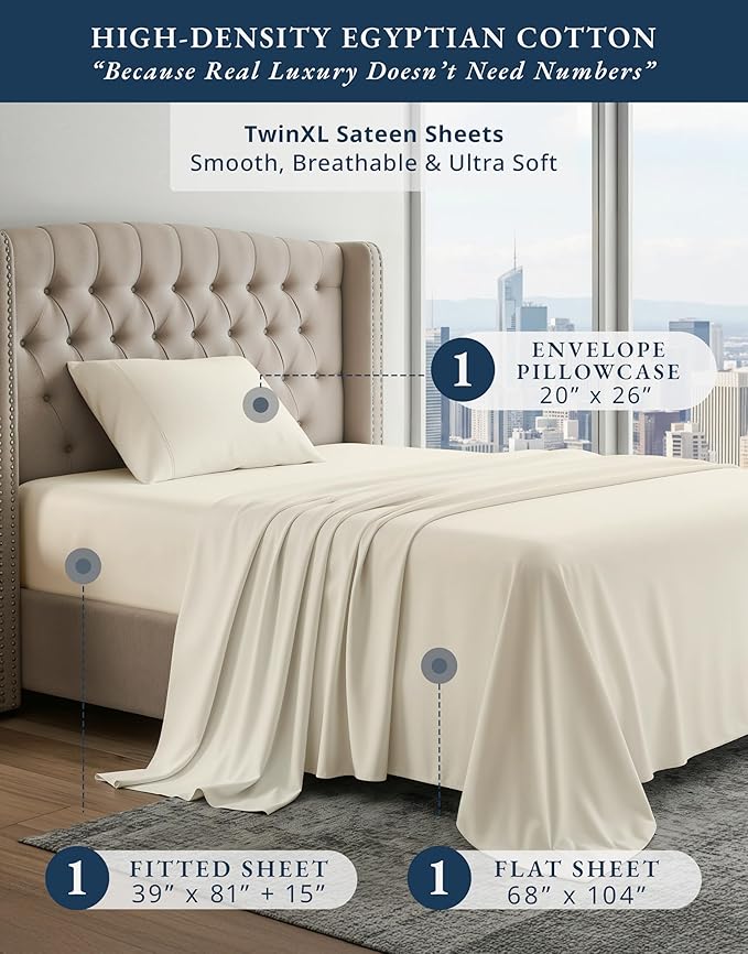 LANE LINEN 100% Egyptian Cotton Bed Sheets Twin XL, Long Staple Soft & Comfy Sateen Weave No Pill Fade Resistant Machine wash Extra Long Twin Sheets for Hospital Bed - Ivory