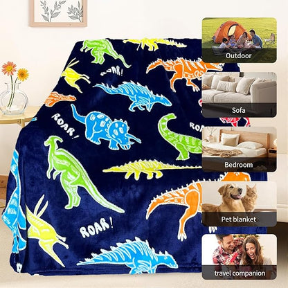TEHALK Dinosaur Glow in The Dark Blanket for Boys/Girls/Toddler/Baby, Dinosaur Toys for Boy Age 3-12, Cute Funny Kids Throw Blanket for Birthday/Gifts 50"x 60"