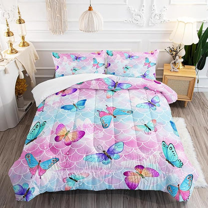 Rainbow Butterfly Comforter Set Full Size for Girls Kids Adults Mermaid Scales Pattern Bedding Set Aesthetics Butterflies Quilt Bed Set with 1 Comforter and 2 Pillowcases