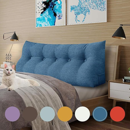 11 lbs Thickened Headboard Pillow Wedge Pillow Headboard Reading Pillow Bed for Comfortable Backrest Reading Triangular Pillow with Side Pocket for Sitting in Bed Cotton Linen Blue Queen