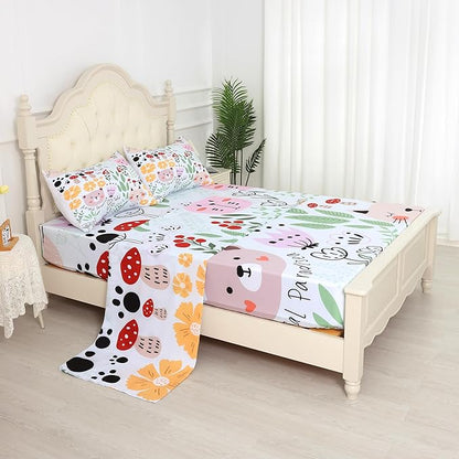 Cat Sheets Set Twin: Green Cartoon Floral Animals Bedding Set for Kids Girls Teens Bedroom Bed - 1 Flat Sheet, 1 Fitted Sheet, 1 Pillowcase