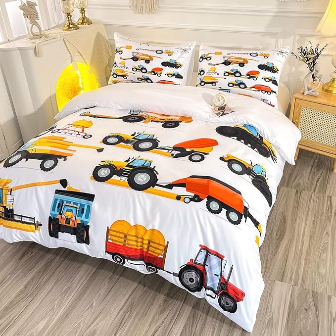 CVHOUSE Excavators Tractor Bedding Set Twin Size,Construction Trucks Duvet Cover for Boy,Machinery Tractor Construction Site Cars Comforter Cover,1 Quilt Cover 2 Pillowcases 3 Piece