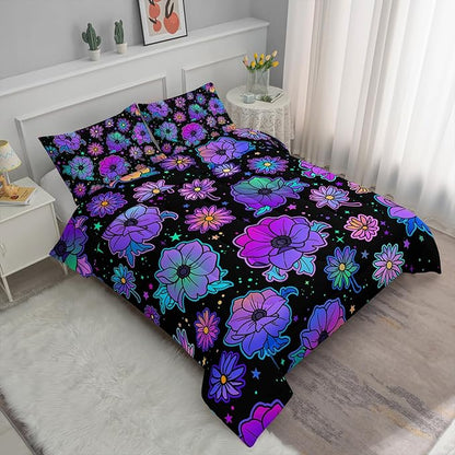 Axolotl Neon Floral Bedding Set King,Gradient Floral Comforter Set for Girls,Colorful Flower Bedding Stars,Galaxy Series Comforter for Kids Boys Girls Teens Adults,1 Quilt 2 Pillowcases,Black