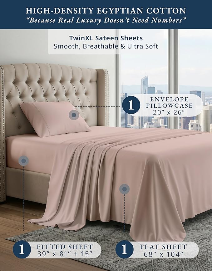 LANE LINEN Luxury 100% Egyptian Twin XL Sheets Set Cotton, Eco Friendly Oeko-Tex Certified No Pill Fade Resistant Fully Elasticized Machine Washable Cotton Twin XL Bed Sheet - Sepia Rose