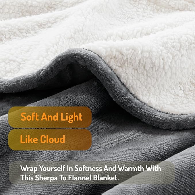Degrees of Comfort Electric Blanket Twin Size - Soft Sherpa Flannel Heated Blankets - 6 Heat Settings, 10-Hour Auto Shut-Off, Overheat Protection, Etl Certified - 62x84'', Grey
