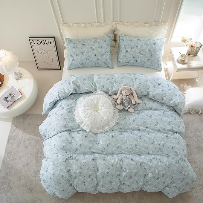 Jane yre Duvet Cover Queen Floral, Brushed Microfiber 3 Pieces Bedding Set Garden Style Blue Pattern Duvet Cover Flower, with Zipper Closure, Luxury Soft Breathable Comfy