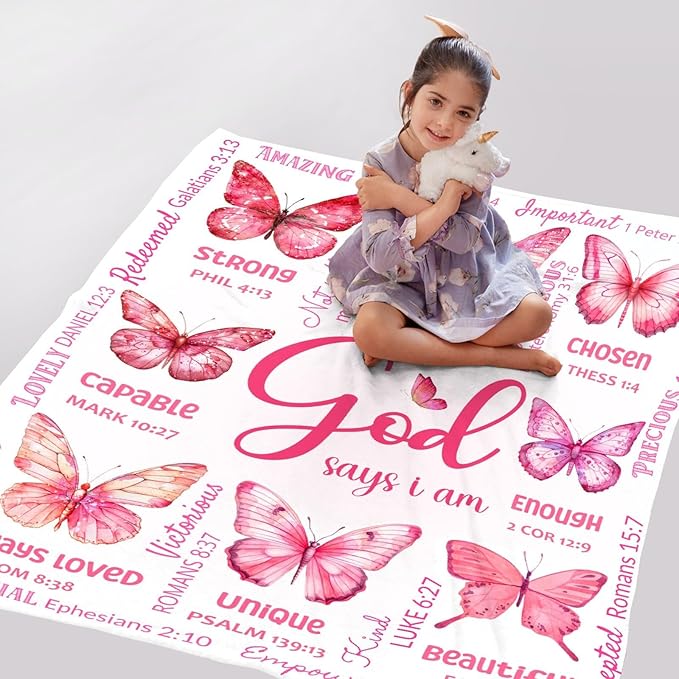 Christian Blanket, Butterfly Throw Blanket for Women Mom Girl,Catholic Gifts,Inspirational Faith Prayer Quilt with Bible Verse Scripture,Soft Flannel, Pink, 40" x 50"