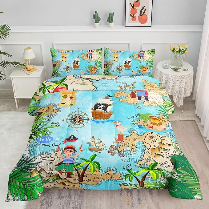 Kids Comforter Set Pirate Ship Printed Pattern Bedding Set with 1 Comforter and 2 Pillowcases for Girls Boys Bedroom All Season(Pirate Ship Full)