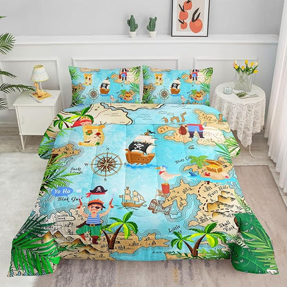 Kids Comforter Set Pirate Ship Printed Pattern Bedding Set with 1 Comforter and 2 Pillowcases for Girls Boys Bedroom All Season(Pirate Ship Full)