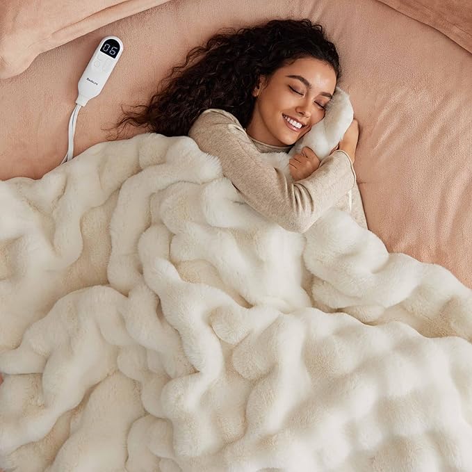 Bedsure Fluffy Bubble Faux Fur Heated Blanket Throw - Super Soft Electric Blanket, Heating with 6 Heating Levels, 4 Time Settings, 3-Hour Auto-Off, Decor Gifts for Home, White, 50x60 inches