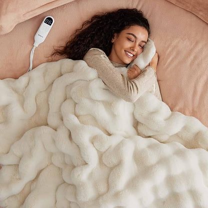 Bedsure Fluffy Bubble Faux Fur Heated Blanket Throw - Super Soft Electric Blanket, Heating with 6 Heating Levels, 4 Time Settings, 3-Hour Auto-Off, Decor Gifts for Home, White, 50x60 inches