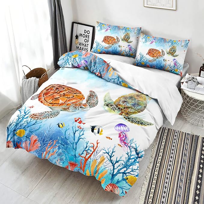 CVHOUSE Sea Turtle King Size Duvet Cover Set, 3 Piece, Blue-Green, Polyester Blend, Machine Wash, Kid, Everyday/Casual