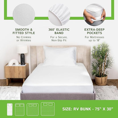 Four Seasons Essentials RV Bunk Size Waterproof Mattress Protector - Cooling Viscose derived from Bamboo Fitted Sheet Mattress Cover - Quilted Jacquard Pad Protects from Dust Allergens