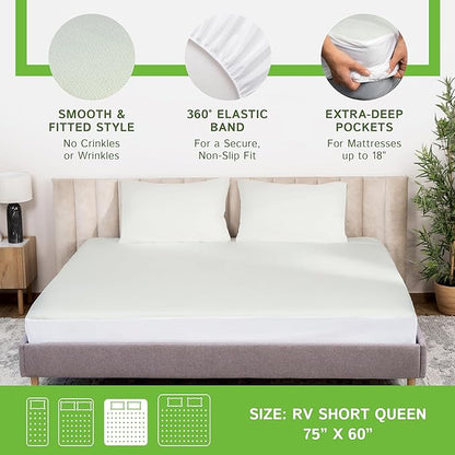 Four Seasons Essentials RV Short Queen Size Waterproof Mattress Protector - Cooling Viscose derived from Bamboo Fitted Sheet Mattress Cover - Quilted Jacquard Pad Protects from Dust Allergens