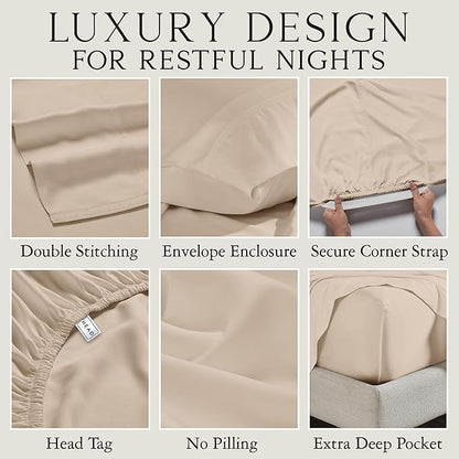 KARISSA MAE Cooling Bamboo Viscose Queen Sheet Set | 100% Organically Grown | 18” Deep Pocket | Silky, Soft, & Hypoallergenic | with Organizer Band & Elastic Corner Straps [Dune]