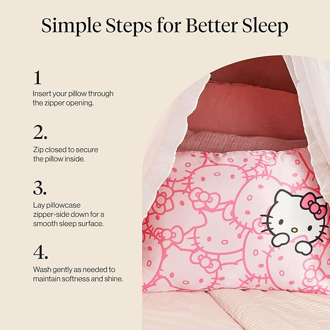 Kitsch x Hello Kitty Pillow Case – Pink Kitty Faces Toddler Bed Time Satin Pillowcase with Zipper – Soft Cooling Pillow Cover for Hair & Skin – Better Than Silk Pillowcase – Queen/Standard 19x26