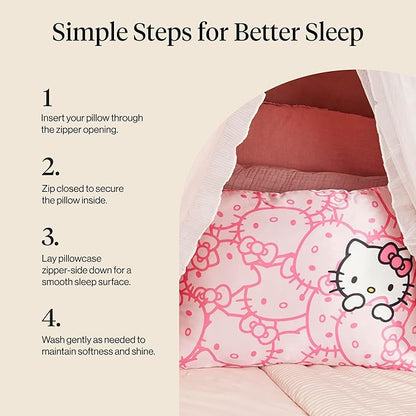 Kitsch x Hello Kitty Pillow Case – Pink Kitty Faces Toddler Bed Time Satin Pillowcase with Zipper – Soft Cooling Pillow Cover for Hair & Skin – Better Than Silk Pillowcase – Queen/Standard 19x26