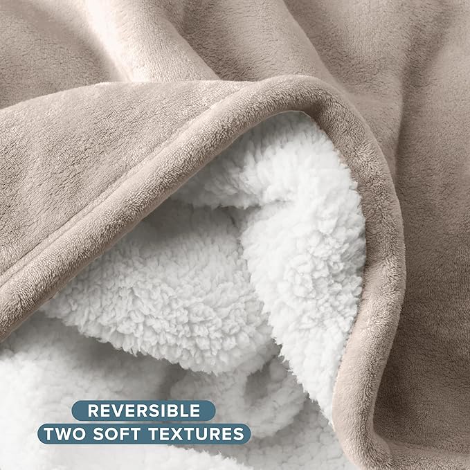 Bare Home Sherpa Fleece Blanket - Throw/Travel Size - Blanket for Bed, Sofa, and Couch - Warm & Lightweight - Fluffy & Soft - Reversible (Throw/Travel, Light Taupe)