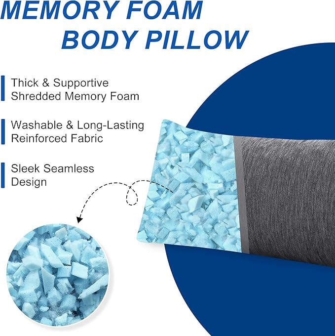 Hiasan Cooling Adult Body Pillow - Memory Foam Insert, Long Full Body Pillow for Side Sleepers, Bed, Sleeping, Soft Support for Pregnant Women, Back Pain Relief, 20x60 Inch, Grey