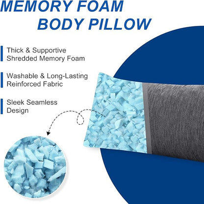 Hiasan Cooling Adult Body Pillow - Memory Foam Insert, Long Full Body Pillow for Side Sleepers, Bed,Sleeping,Soft Support for Pregnant Women, Back Pain Relief, 20x54 Inch, Grey
