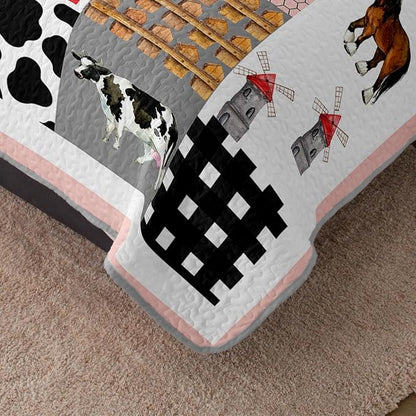 HOSIMA Farmhouse Twin Bedding Sets,Plaid Patchwork Cow Bedding,Cute Cartoon Farm Animal Pig Cow Horse Pattern Quilt,Western Country Style Room Decor Aesthetic with 2 Pillowcases.