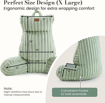 Amélie Home Faux Fur Reading Pillow with Pocket for Sitting in Bed, Adult Backrest Bed Pillow with Washable Cover for Lounging, Study & Relaxing, Sage Green 29 inches