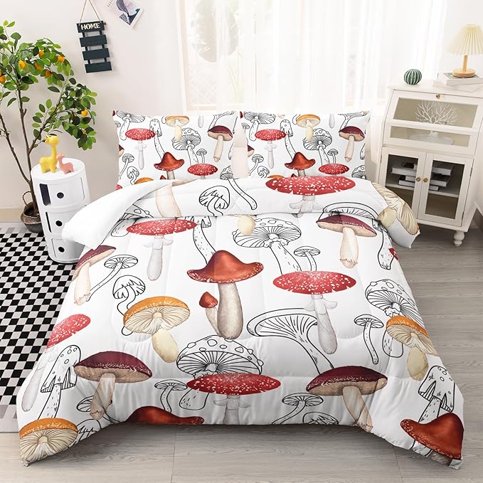 Mushroom Bedding Set for Girls Boys Twin Size, Botancial Fungus Comforter, Cute Mushroom Plants Quilt with 2 Pillowcases for Room Decor