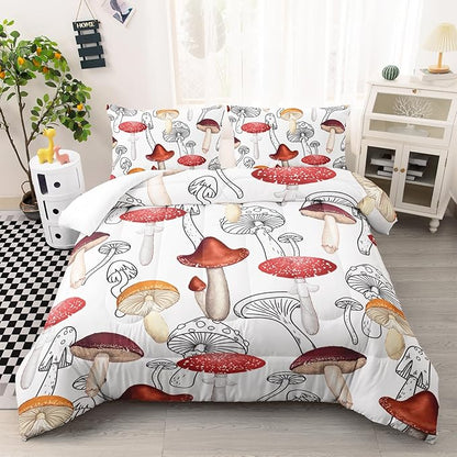Mushroom Bedding Set for Girls Boys Twin Size, Botancial Fungus Comforter, Cute Mushroom Plants Quilt with 2 Pillowcases for Room Decor