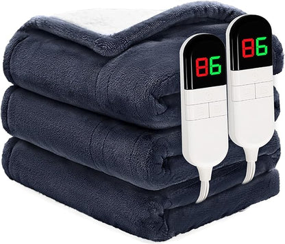 Heated Blanket King 90"×100" - Premium Cosy Soft Electric Blanket with 6 Heating Levels,Dual Control Fast Heating Flannel Sherpa Blanket for Bed & Couch,Auto Shut Off/Machine Washable (Navy Blue)