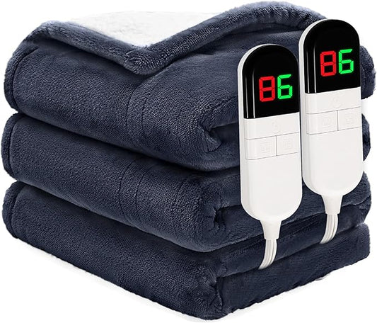 Heated Blanket Queen 84"×90" - Premium Cosy Soft Electric Blanket with 6 Heating Levels,Dual Control Fast Heating Flannel Sherpa Blanket for Bed & Couch,Auto Shut Off/Machine Washable (Navy Blue)