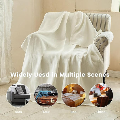 Simple&Opulence Linen Cotton Blanket with Double Layered Folded Edge for Couch/Bed/Sofa/Gift, Natural Flax Solid Color Soft Breathable Cozy Farmhouse Home Décor - White, 90"x90"