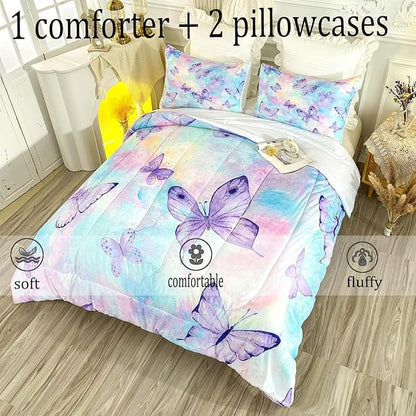 CVHOUSE Butterfly Queen Comforter Set for Girls Teens - 3 Pcs 1 Comforter and 2 Pillowcases with Butterfly Bedspread, Duvet and Quilt