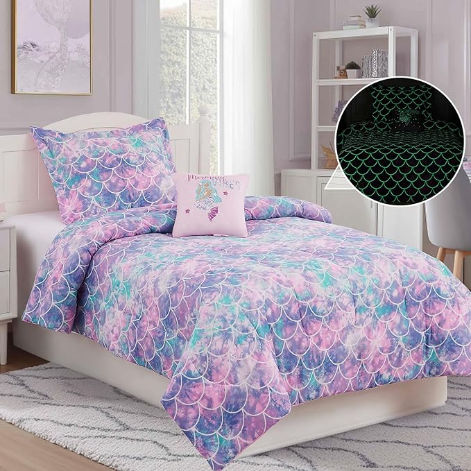 Twin Comforter Set for Girls-3 Pieces Mermaid Glow in The Dark Twin Bedding Sets for Kids,1 Comforter,1 Sham and 1 Decor Pillow