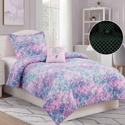 Twin Comforter Set for Girls-3 Pieces Mermaid Glow in The Dark Twin Bedding Sets for Kids,1 Comforter,1 Sham and 1 Decor Pillow