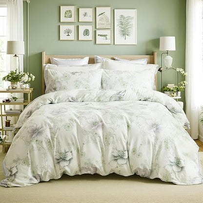 Floral Duvet Cover King Size 100% Cotton Reversible Green Floral Duvet Cover Set with Zipper Closure 3 Pcs Green Leaf Soft & Breathable Bedding Comforter Cover